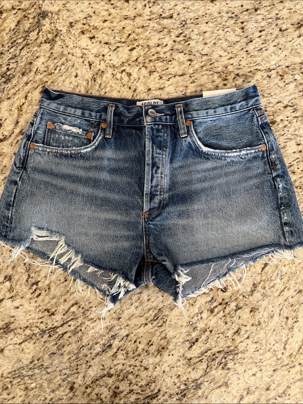 Agolde Parker Vintage Cut-Off Distressed High-Rise Jean Shorts in Rip-Tide Sz 29